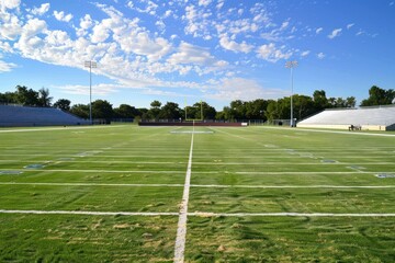 Obraz premium Empty Football Field Under Bright Blue Sky