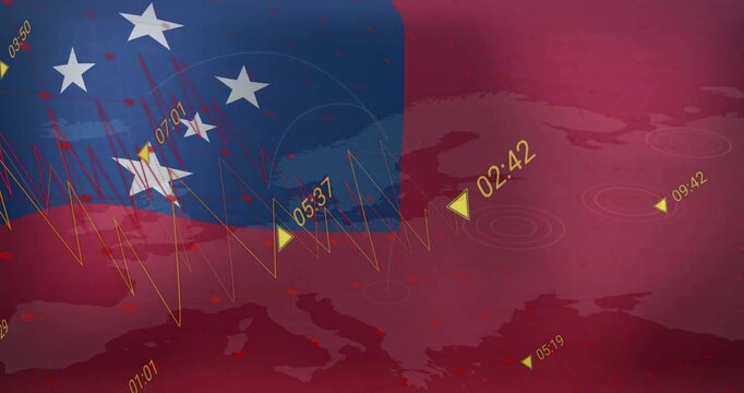 Flag of Samoa and time markers animation over red map background