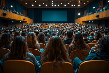 Auditorium filled with an audience at a business seminar, featuring a large media screen for presentations. Ideal for business events and educational promotions.