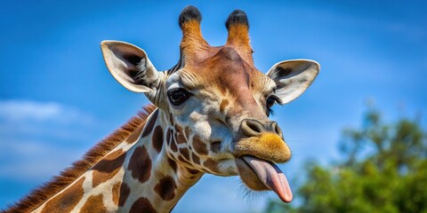 Obraz premium A giraffe's long, blue-black tongue dangles in front of its face, its rough, papillae-infused surface glistening with dew and hinting at its herbivorous habits.