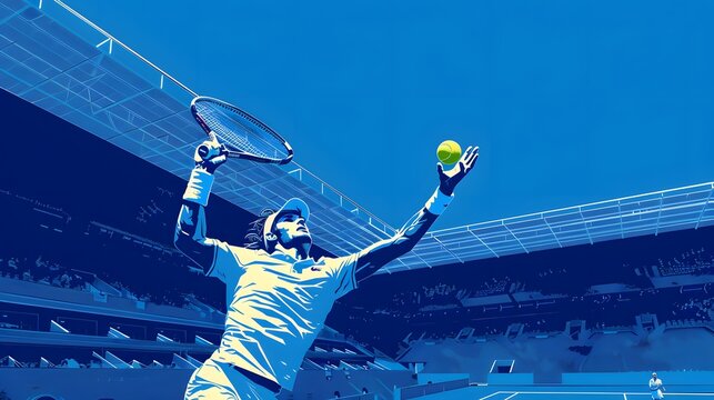 A tennis player serving, with a Paris stadium as the backdrop, illustrated in sharp vector art.