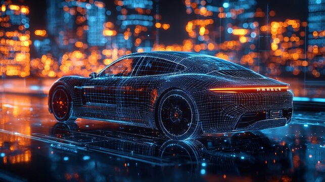 Futuristic electric black car against a holographic wireframe background, ideal for automotive marketing and technology events in Business, with copy space.