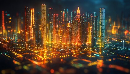 Vibrant miniature cityscape with high-tech data network overlays, perfect for technology, innovation, and business-themed projects, with copy space.