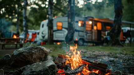 a campfire in the foreground with trailers out of focus in the background, daytime, summer, forest, unsplash,