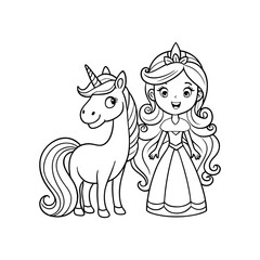 Princess and Unicorn Vector Outline Illustration, coloring page for kids,  print