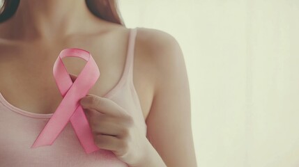 Woman wih pink ribbon on chest. Female holding showing symbol representing awareness, hope and moral support for breast cancer patients.