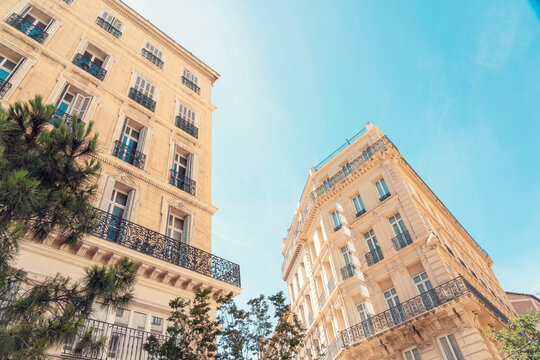 Traditional historic buildings in the old city center in Marseille, France
