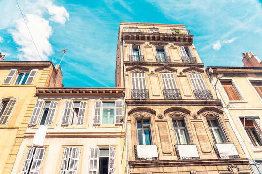 Historic buildings in Rue Paradis in the city center of Marseille, France
