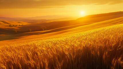 Obraz premium Golden wheat fields illuminated by the warm glow of a sunset on a tranquil evening in the countryside