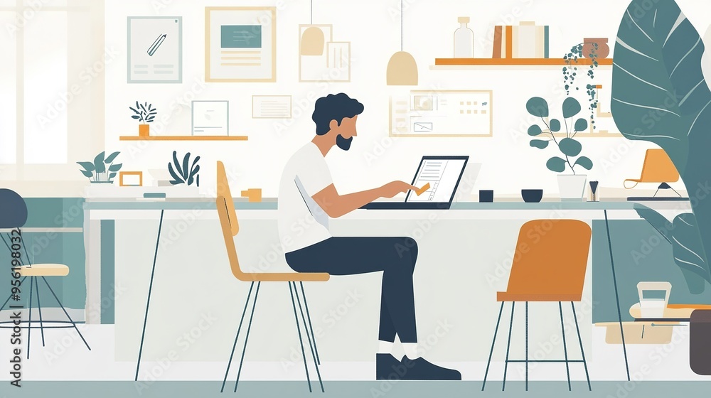 Poster a remote worker using a tablet to purchase insurance while working in a co-working space.