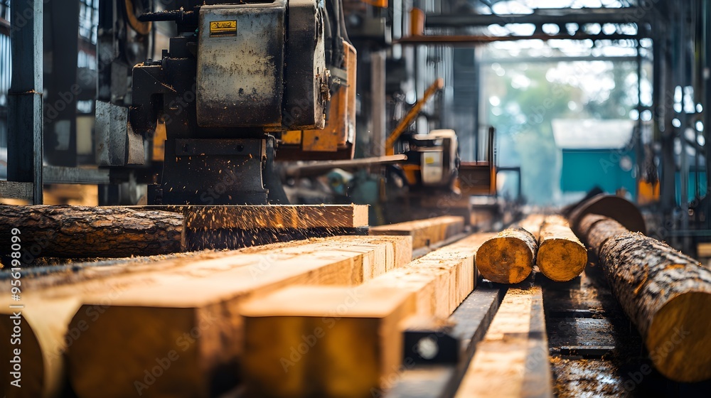 Wall mural a bustling sawmill with logs being fed into saws, producing planks and beams, highlighting the trans