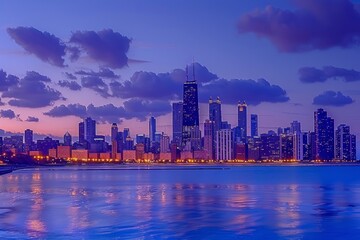 Fototapeta premium Stunning Chicago skyline viewed at sunset. The reflection on the water creates a serene atmosphere. A perfect blend of urban life and natural beauty. Generative AI