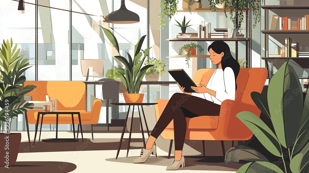 Poster a remote worker using a tablet to purchase insurance while working in a co-working space.