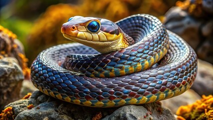 Fototapeta premium A hooded snake coils menacingly on a rocky outcropping, its dark brown and yellow markings blending with the shadows, scales glistening in sunlight.