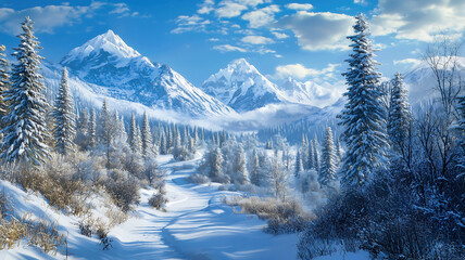 Serene Snow-Covered Pathway Through a Winter Forest with Mountain View