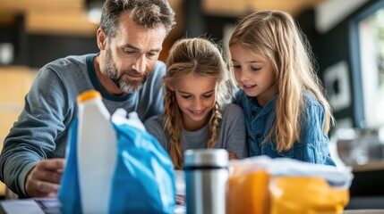 Obraz premium A family practicing emergency drills, with their emergency kit prominently displayed, emphasizing preparedness and readiness.