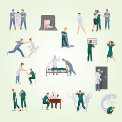 Mental illnesses icons set with mad people and medical staff in various situations isolated vector