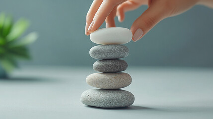 A hand of a woman building a balanced stack of white pebbles on a grey table,