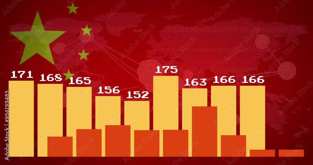Poster bar chart with numbers over red background with china flag and network animation