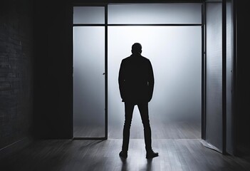 Fototapeta premium 暗い部屋で孤独を感じている男性の後ろ姿