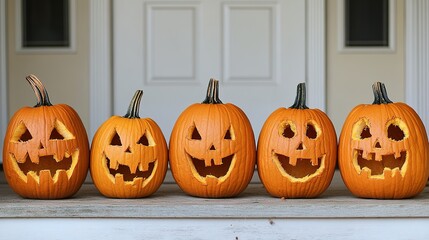 Obraz premium A row of Halloween pumpkins carved with different expressions, lined up on a porch.