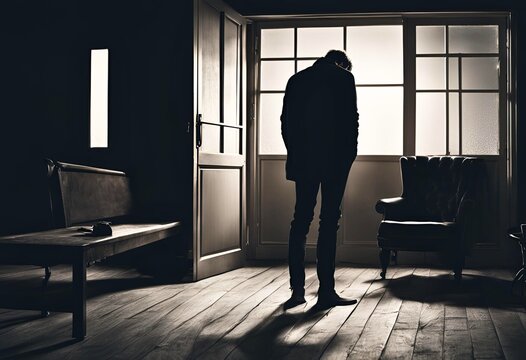 暗い部屋で孤独を感じている男性の後ろ姿