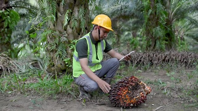 A Man Farmer at examining palm oil fruit in the field.