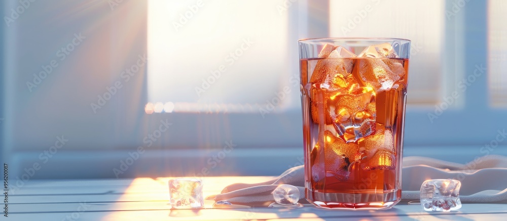Poster cold ice tea in a glass with an ice cube on a background with copy space image