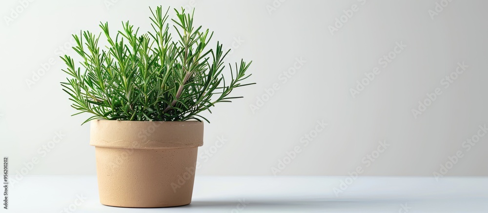 Poster rosemary plant cultivated in a container with natural husks displayed on a blank isolated background