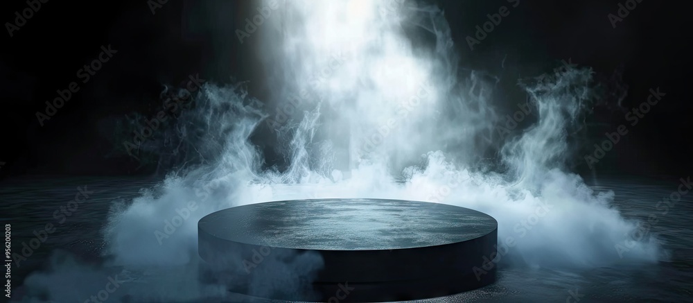 Poster cylinder shaped stage with smoke and dark backdrop ideal for presentations or performances with ampl