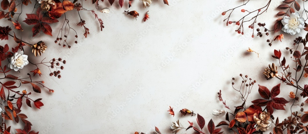 Poster fall themed border with dried foliage and flowers featuring a blank area for text in a copy space im