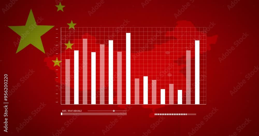 Poster bar chart and data processing animation over chinese flag background