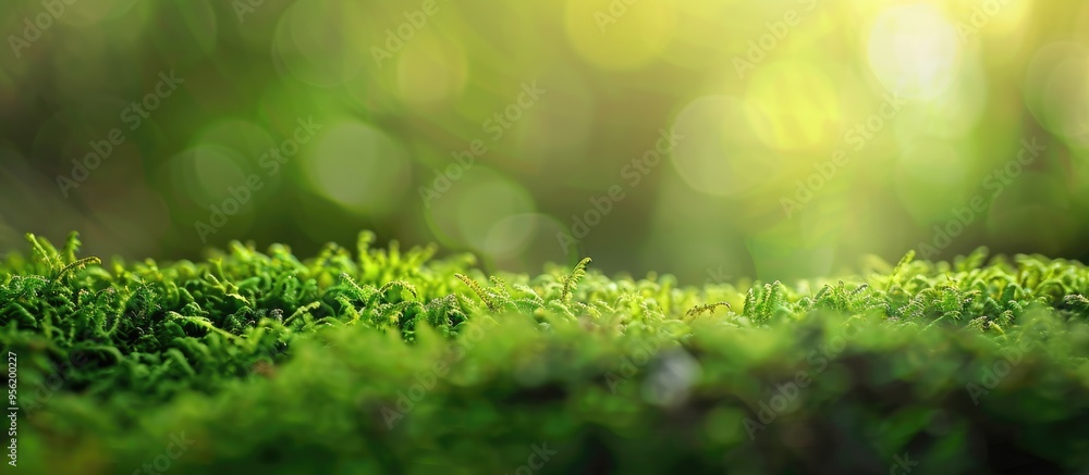 Poster close up view of blurred green moss background with copy space image