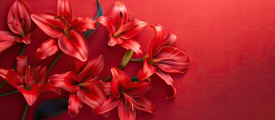 Vibrant red lilies on a bold red backdrop offer elegance and beauty in a flat lay image with copy space ideal for templates or mockups