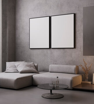Modern gray interior with a sofa, coffee table, and mockup poster frames, 3D rendering.