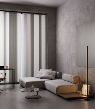 Stylish office interior with modern comfortable workplace and sofa, 3d rendering, nobody