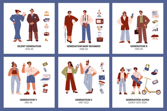 People generations card vector set, characters and symbols of Silent, Baby Boomers X, Y, Z and alpha social development