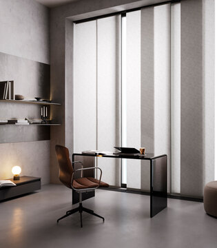 Workplace with glass table and computer in stylish modern interior, 3d rendering, nobody