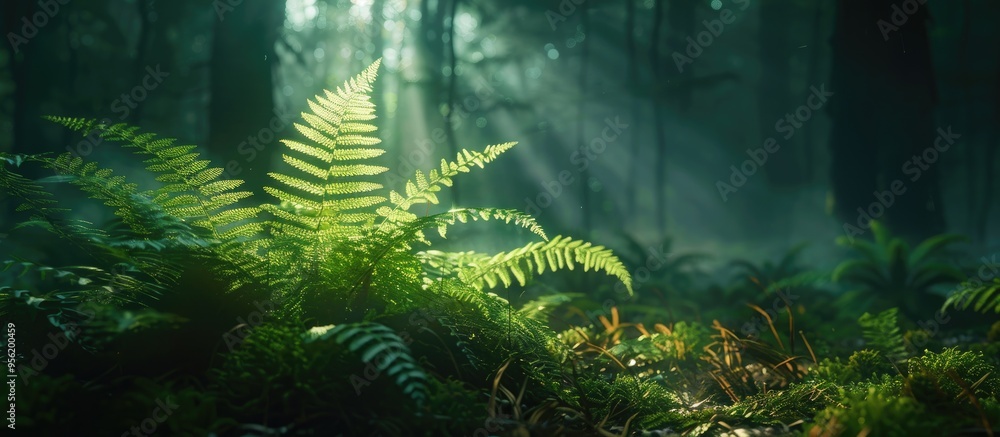 Poster lush green fern in a dim forest setting a bright light amidst the darkness surrounding it creating a