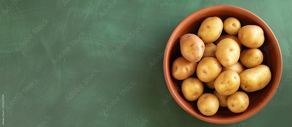 Poster top view of a bowl containing fresh raw potatoes against a green backdrop with room for text in the 