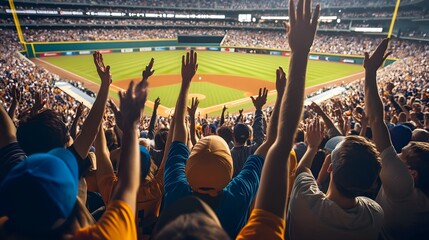 A crowd of cheering fans in the stands at an empty baseball stadium, waving their hands high above them