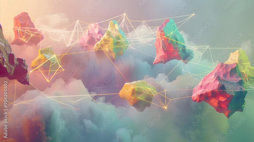 Poster abstract digital art with geometric shapes. a digital abstract art piece featuring colorful geometri