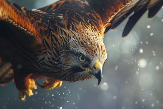A stunning close-up of a red kite hovering in the sky, its eyes focused intently on the ground below