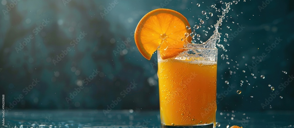 Poster studio shot of a moody orange juice squeeze concept with ample copy space image available