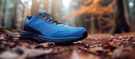 Sleek blue and black sneaker on a woodland path ideal for active living with a modern design radiating style Blurry nature backdrop enhances the appeal of the copy space image