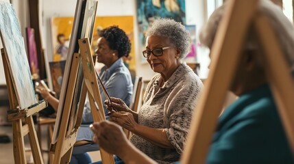 Obraz na płótnie Canvas A diverse group of older adults painting on easels in an art class