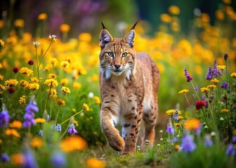 Fototapeta premium A lynx's piercing gaze navigates through a kaleidoscope of wildflowers, their petals swaying gently in the breeze, amidst the emerald expanse of the field.