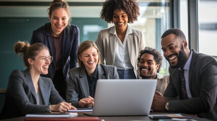 A group of professionals gathered around a laptop, excitedly discussing a new projects potential, showing enthusiasm and teamwork.