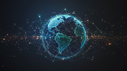abstract business connection of line from nail node to node on world map background Innovation network points Earth's surface