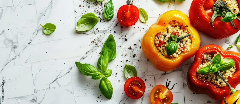Poster close up shot of quinoa stuffed bell peppers basil and tomatoes on a white tiled surface with room f